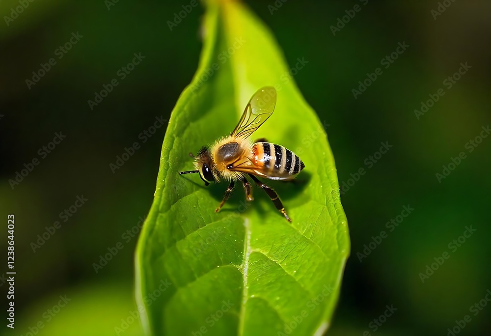 Honeybee resting on a vibrant green leaf Honeybee resting on a vibrant green leaf