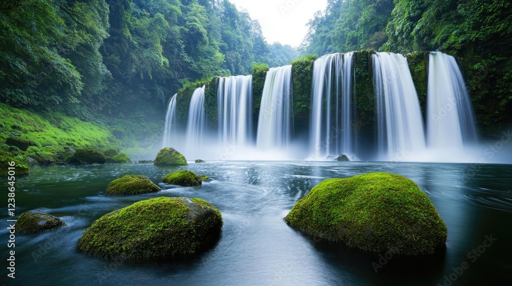 Obraz premium Waterfall scenes nature idea. Beautiful waterfall cascading into a serene pool, surrounded by lush green nature.