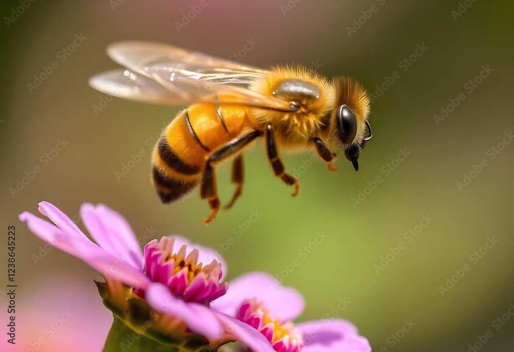 Honeybee in flight approaching pink flower Honeybee in flight approaching pink flower
