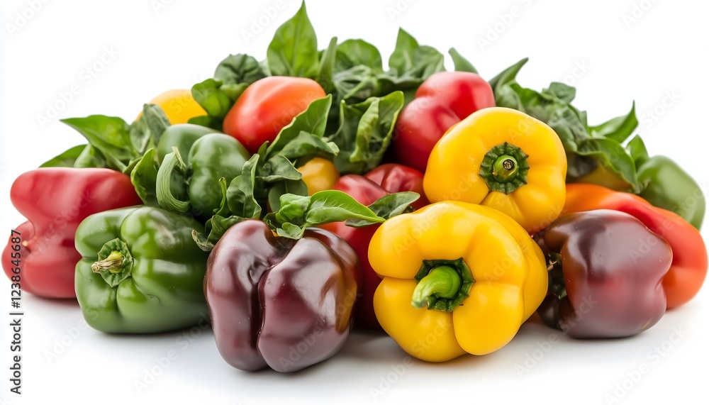 A pile of colorful bell peppers on a white background A pile of colorful bell peppers on a white background