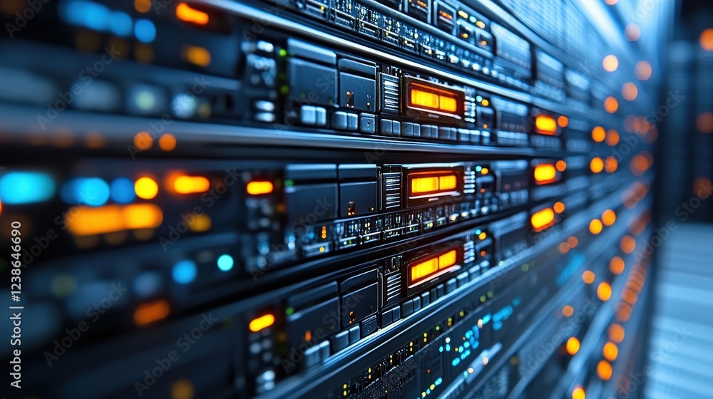 Close-up of a modern data center server rack with illuminated indicators and cables