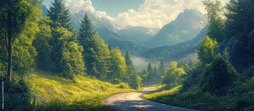 Fototapeta premium ** Serene Mountain Landscape with Winding Road and Lush Greenery Under a Clear Blue Sky on a Sunny Day in the Countryside..**