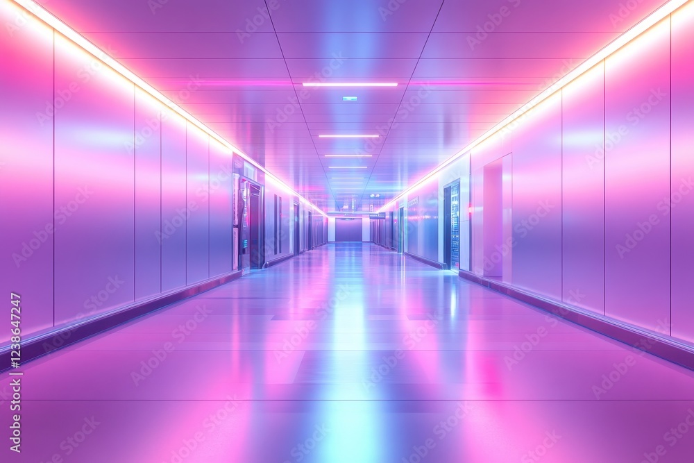 Futuristic Neon Corridor with Vibrant Pink and Blue Lighting Reflecting on Shiny Floor in Modern Interior Design Futuristic Neon Corridor with Vibrant Pink and Blue Lighting Reflecting on Shiny Floor in Modern Interior Design