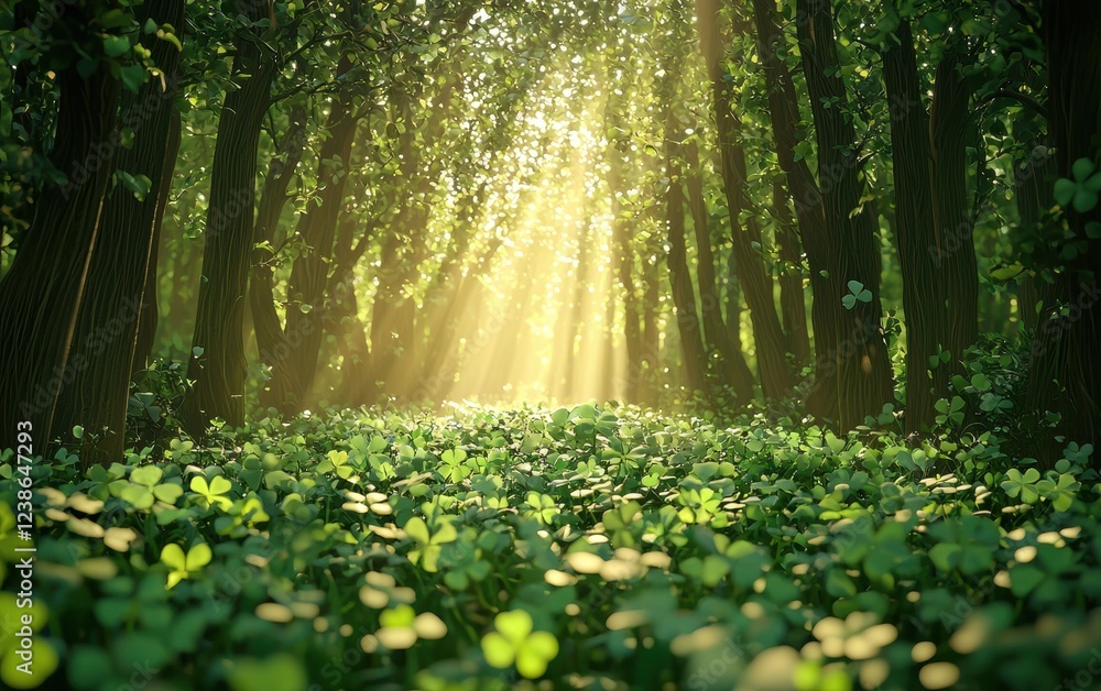 Obraz premium Mystical Irish Forest with Sunlight Filtering Through Shamrock-Covered Trees, Magical Fairy Tale Setting