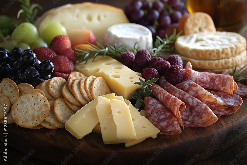 A wooden tray with a variety of cheeses, crackers, and fruit A wooden tray with a variety of cheeses, crackers, and fruit