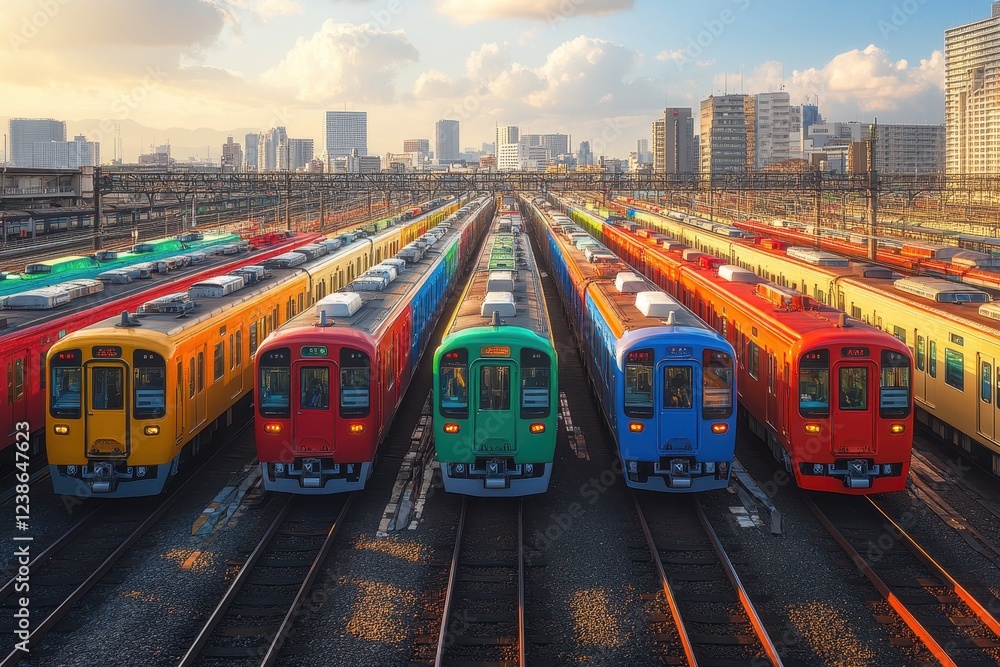 Fototapeta premium Vibrant Trains Aligned on Tracks in Urban Setting with Cityscape and Cloudy Sky in Background
