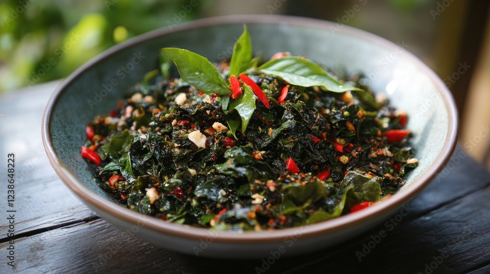 Spicy stir-fried kale with garlic and red chilies in a ceramic bowl Spicy stir-fried kale with garlic and red chilies in a ceramic bowl