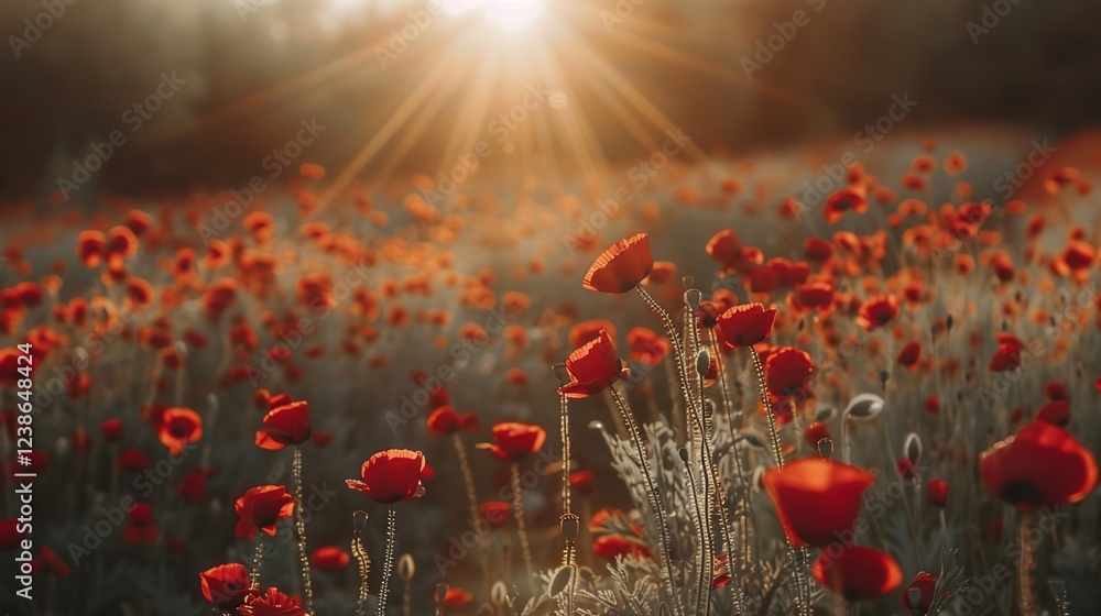 Obraz premium The Mesmerizing Harmony: A Poppy Field Illuminated by Enchanting Sun Rays