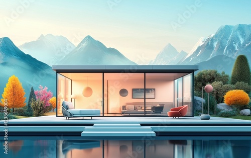 Luxury glass house with a breathtaking view of the mountains, sleek furniture, and open-concept living space photo
