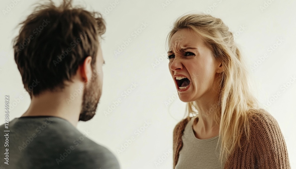 Argument between a couple in a bright indoor setting Argument between a couple in a bright indoor setting