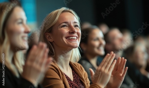 Audience member claps enthusiastically at an event in a theater photo