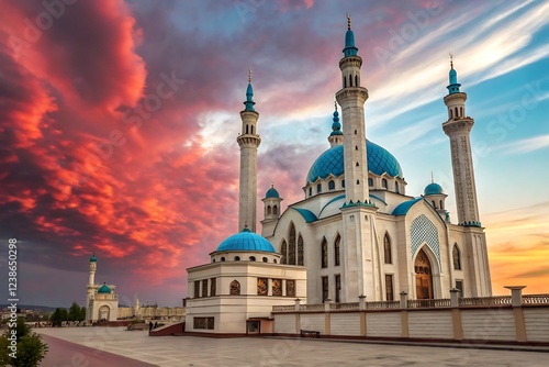 White Mosque with Blue Domes at Sunset