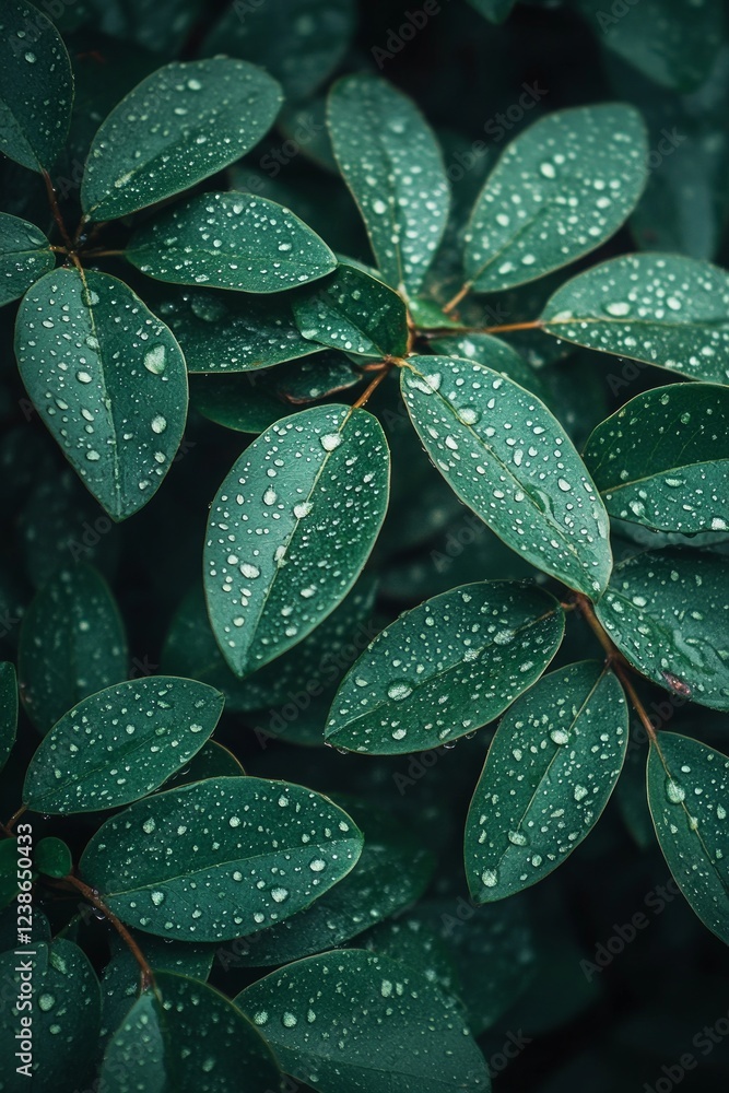 Obraz premium Raindrops cling to vibrant green leaves, showcasing nature's beauty and freshness in a serene garden environment during early morning hours
