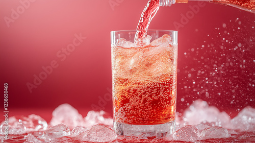 Refreshing red soda being poured into a crystal-clear glass filled with ice, with bubbles rising and water droplets splashing. A vibrant, energetic beverage scene with a bold red background