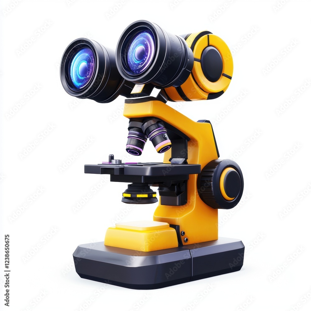Microscope with high-tech lenses and digital display, isolated on white background Microscope with high-tech lenses and digital display, isolated on white background