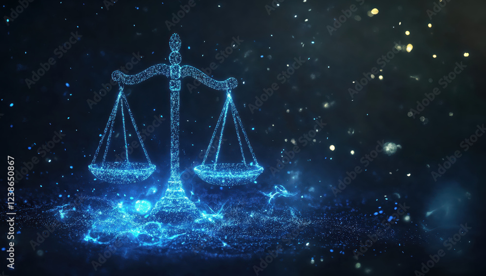 Glowing scales of justice balancing on futuristic background Glowing scales of justice balancing on futuristic background