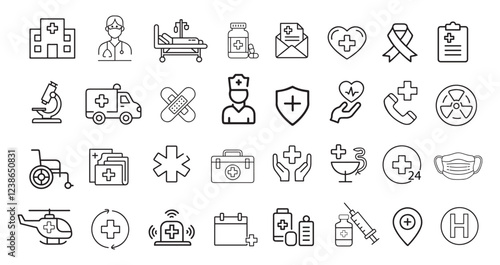 Hospital and medical health care icons set on white background flat vector illustration.