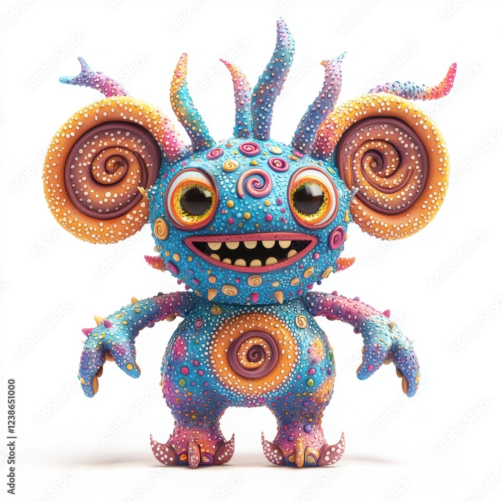 Fototapeta premium Polka-dotted monster with huge floppy ears and swirly patterns, isolated on white background
