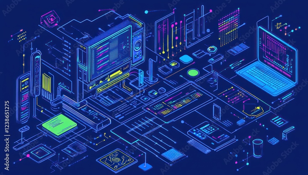 Isometric illustration of interconnected devices and digital data flow. Isometric illustration of interconnected devices and digital data flow.