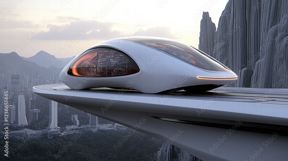 Obraz premium Futuristic Vehicle on Elevated Platform with Urban Landscape Background