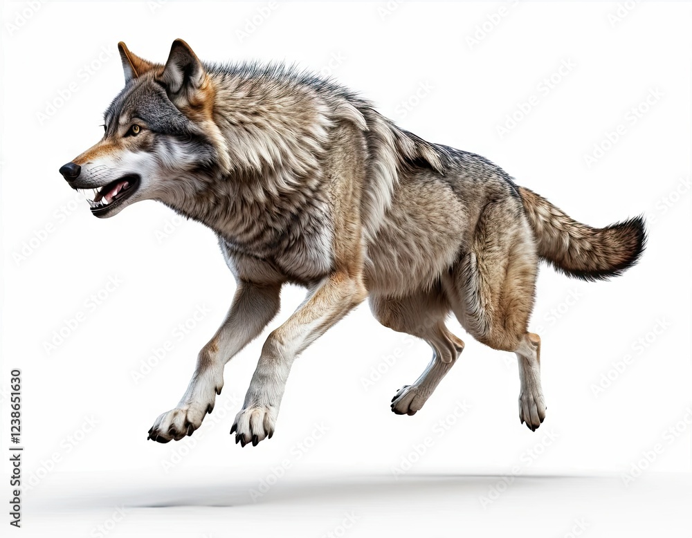 Fototapeta premium Wolf in dynamic pose on isolated white background.