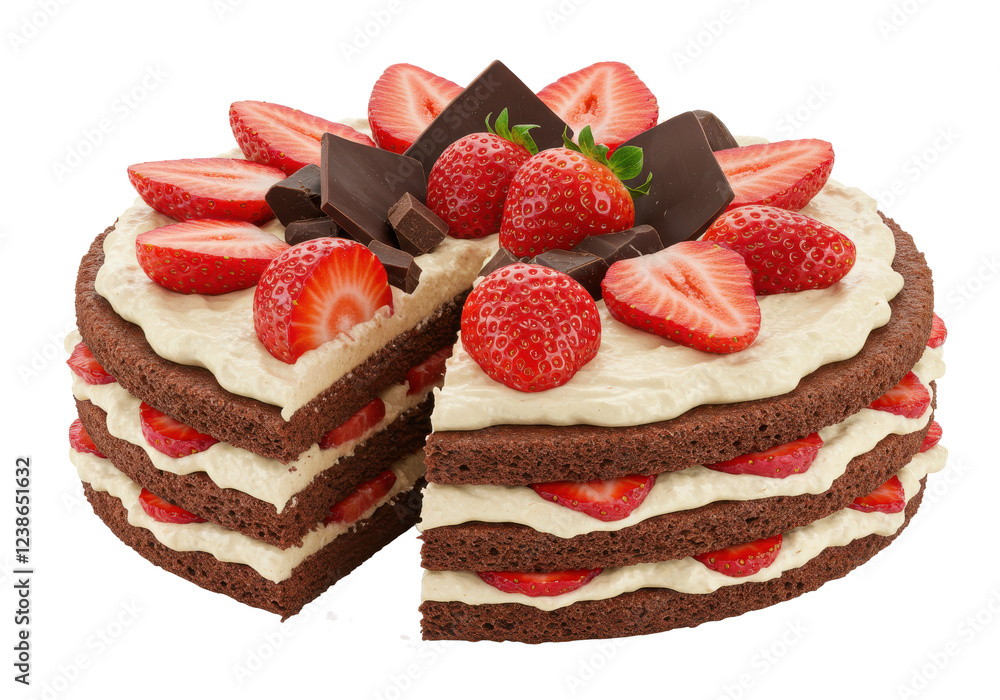 A rich layered chocolate cake with cream filling, topped with sliced strawberries and chocolate pieces, isolated on a white background A rich layered chocolate cake with cream filling, topped with sliced strawberries and chocolate pieces, isolated on a white background