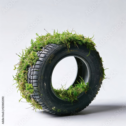 Old tire covered in green moss and grass promoting environmental awareness