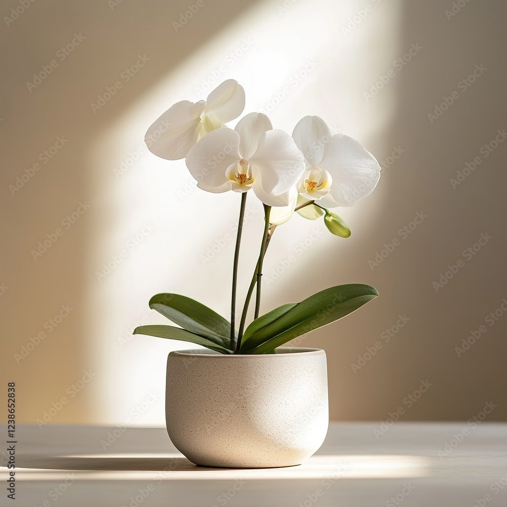 White phalaenopsis orchid blooming in modern pot under sunlight White phalaenopsis orchid blooming in modern pot under sunlight