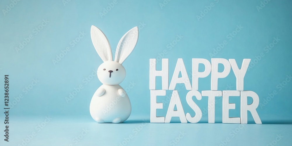 Happy Easter holiday greeting card with text - 3d letter text made of wood with easter bunny, isolated on blue background Happy Easter holiday greeting card with text - 3d letter text made of wood with easter bunny, isolated on blue background