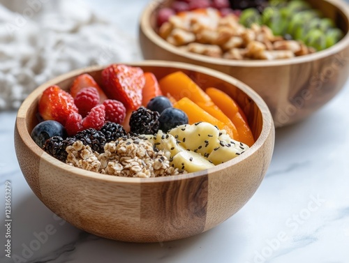 Two wooden bowls filled with a colorful mix of fresh fruits and granola photo