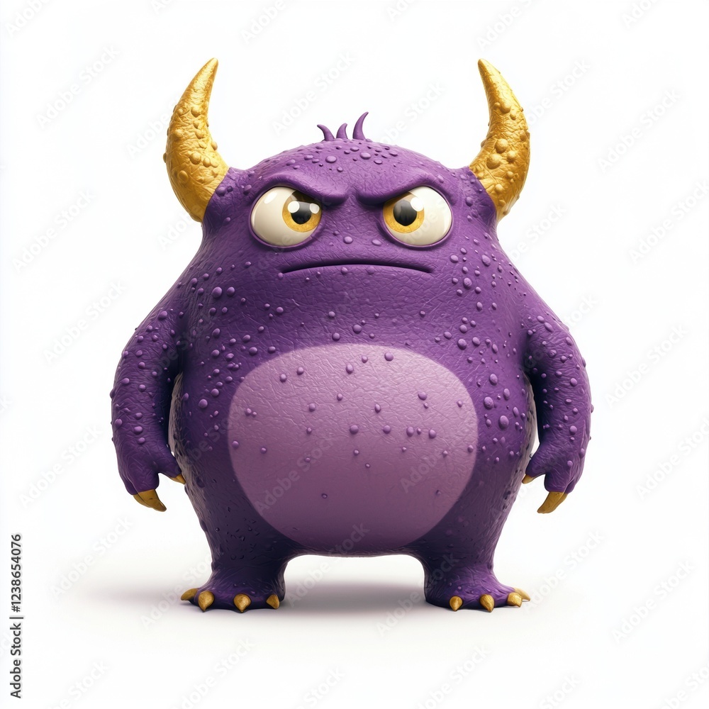 Plump purple monster with golden freckles and stubby little horns, isolated on white background Plump purple monster with golden freckles and stubby little horns, isolated on white background
