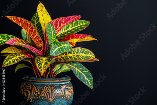 A colorful plant in a blue vase sits on a black background photo