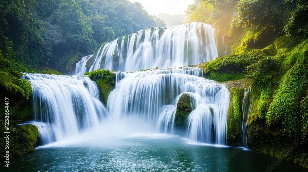 Naklejka premium Waterfall scenes nature idea. Serene waterfall cascading through lush greenery, a tranquil escape into nature's beauty.