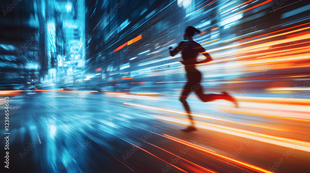 Fototapeta premium in motion overlaid with a blurred cityscape and streaks of light representing speed 