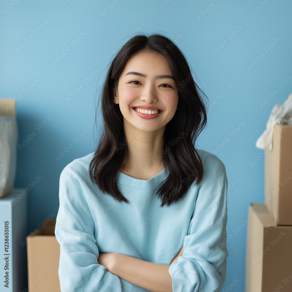 Smiling young woman in casual sweater indoor studio portrait photography bright blue background engaging expression lifestyle concept Smiling young woman in casual sweater indoor studio portrait photography bright blue background engaging expression lifestyle concept