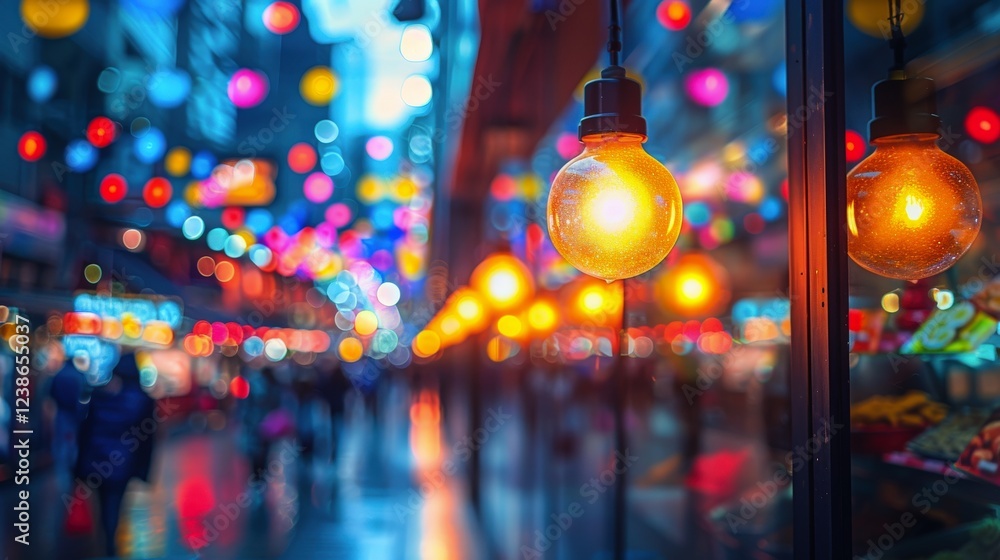 Vibrant Urban Street Scene at Night with Colorful Hanging Lanterns and Warm Illuminated Light Bulbs Reflecting on Window Surface Vibrant Urban Street Scene at Night with Colorful Hanging Lanterns and Warm Illuminated Light Bulbs Reflecting on Window Surface