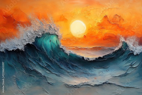 Painted ocean waves crash at sunset with a bright sun and orange sky, ideal for art