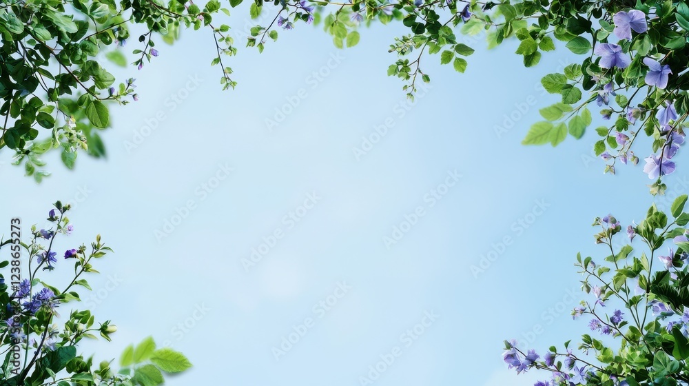 Blue sky background with green leaves and colorful flowers in a natural outdoor setting Blue sky background with green leaves and colorful flowers in a natural outdoor setting