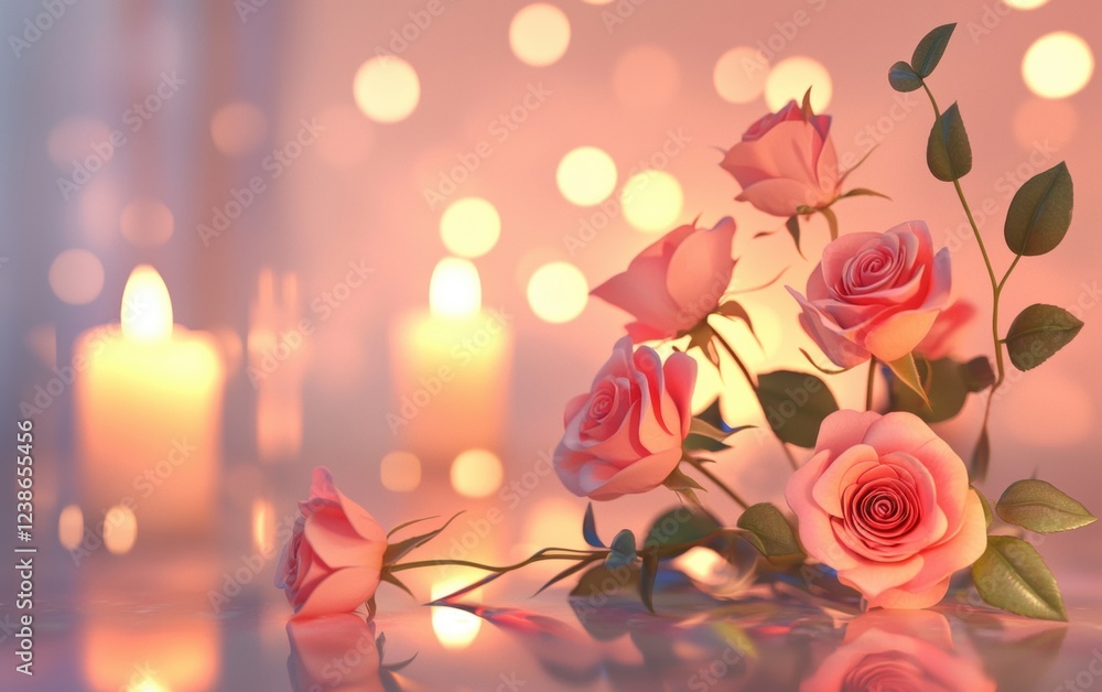 Obraz premium Romantic Valentines Day backdrop with delicate roses, candlelight reflections, and a dreamy space for a message