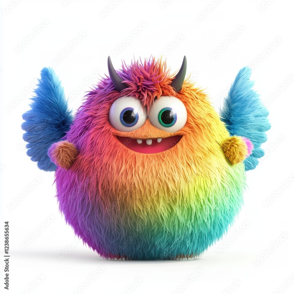 Round, chubby monster with rainbow-colored fur and tiny wings, isolated on white background Round, chubby monster with rainbow-colored fur and tiny wings, isolated on white background
