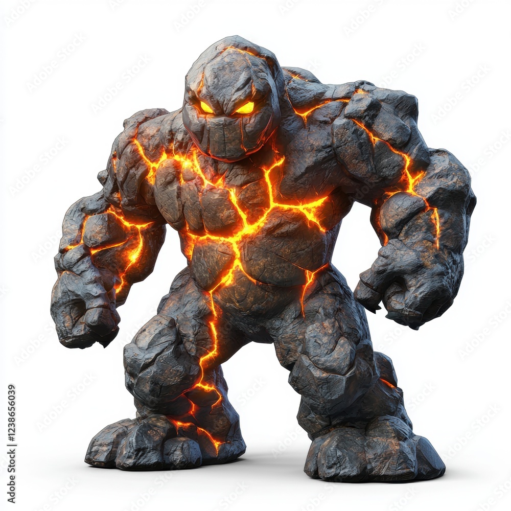 Rock Golem Monster with Glowing Magma Cracks on Its Stone Body, Fiery Eyes, and a Powerful Stance, Isolated on White Background Rock Golem Monster with Glowing Magma Cracks on Its Stone Body, Fiery Eyes, and a Powerful Stance, Isolated on White Background