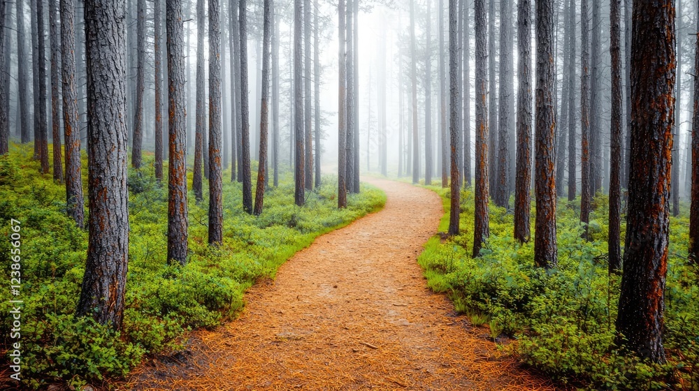 Obraz premium Morning mist nature concept. A misty path through a serene forest of tall trees and lush greenery.