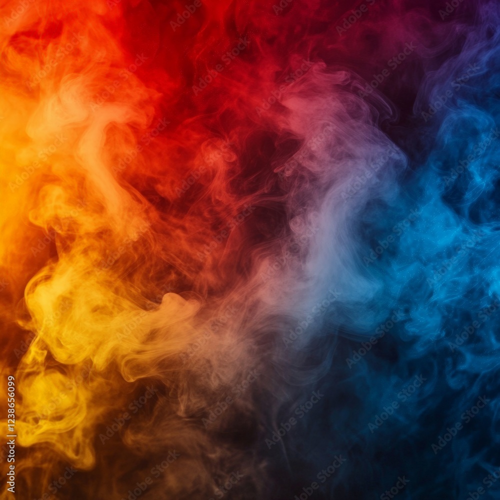 Background of swirling smoke and fog in red, yellow, orange, blue colors. Abstract, cinematic, atmospheric.Wallpaper background. Background of swirling smoke and fog in red, yellow, orange, blue colors. Abstract, cinematic, atmospheric.Wallpaper background.