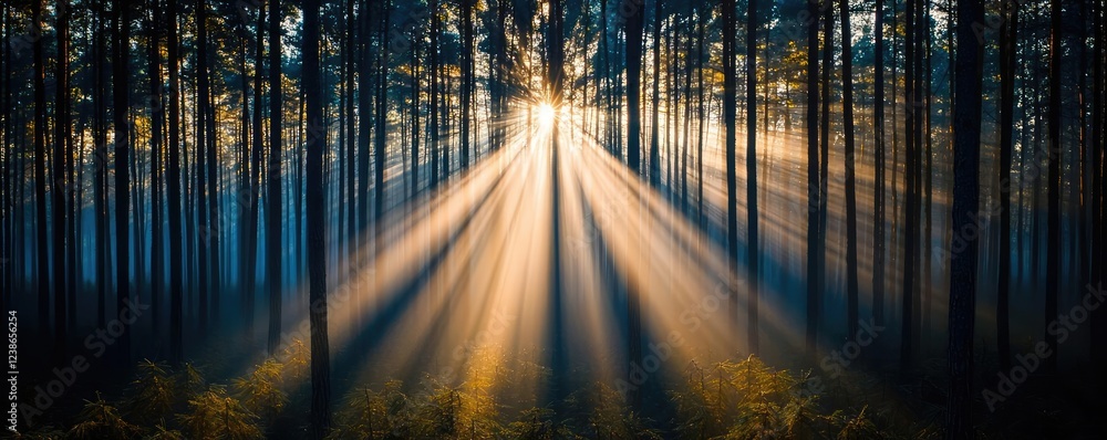 Morning mist nature concept. Sunlight streaming through tall trees in a tranquil forest, creating a serene atmosphere. Morning mist nature concept. Sunlight streaming through tall trees in a tranquil forest, creating a serene atmosphere.