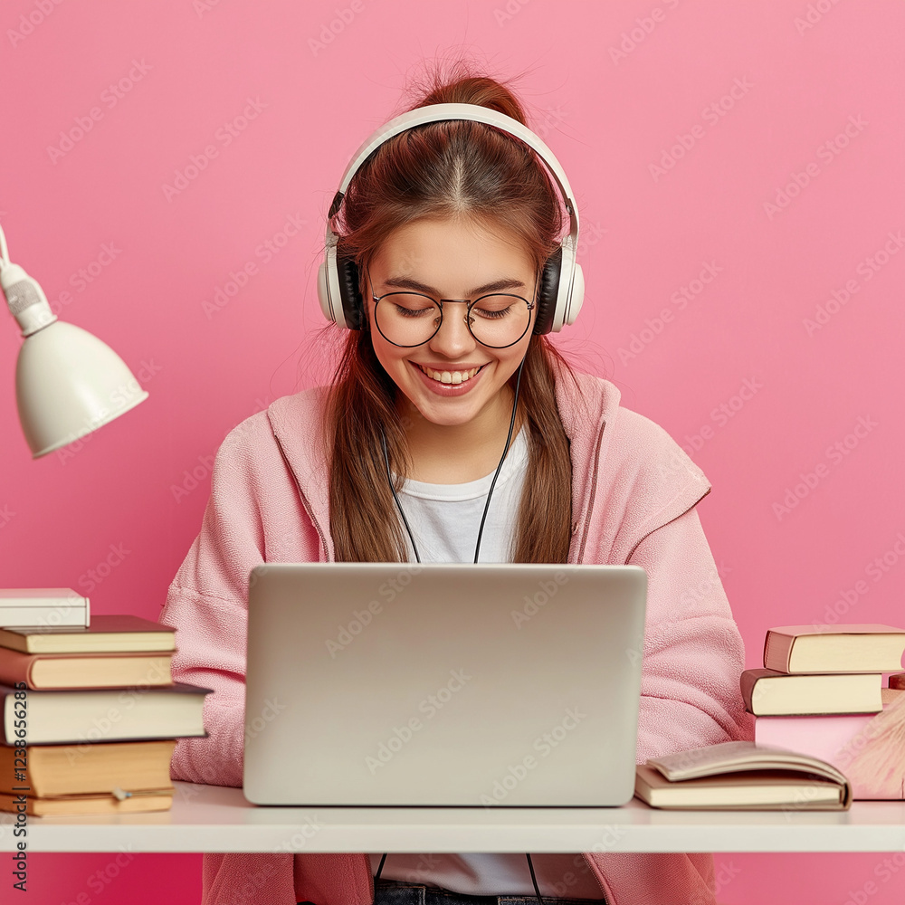 Studying in a cozy environment young woman with headphones home office digital learning contemporary engaging atmosphere Studying in a cozy environment young woman with headphones home office digital learning contemporary engaging atmosphere