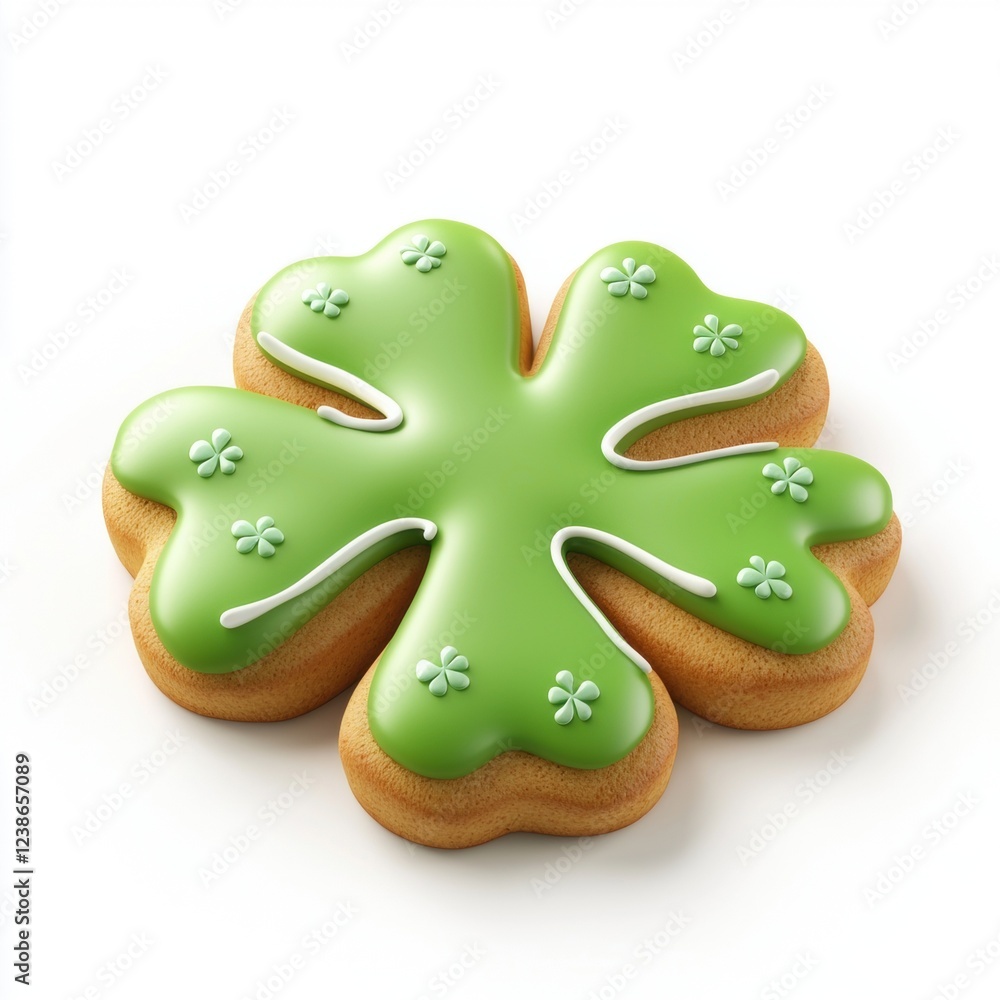 Fototapeta premium Shamrock-shaped cookie with green icing, isolated on white background