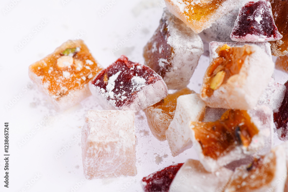 Fototapeta premium Sweet food Turkish delight, assorted rahat locum in form of cubes with nuts and powdered sugar, traditional food, on white background