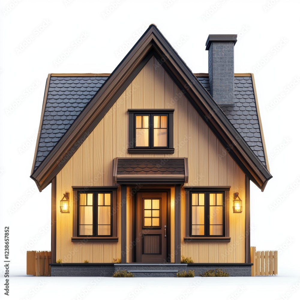 Scandinavian-style house with a wooden facade and cozy lighting, isolated on white background Scandinavian-style house with a wooden facade and cozy lighting, isolated on white background