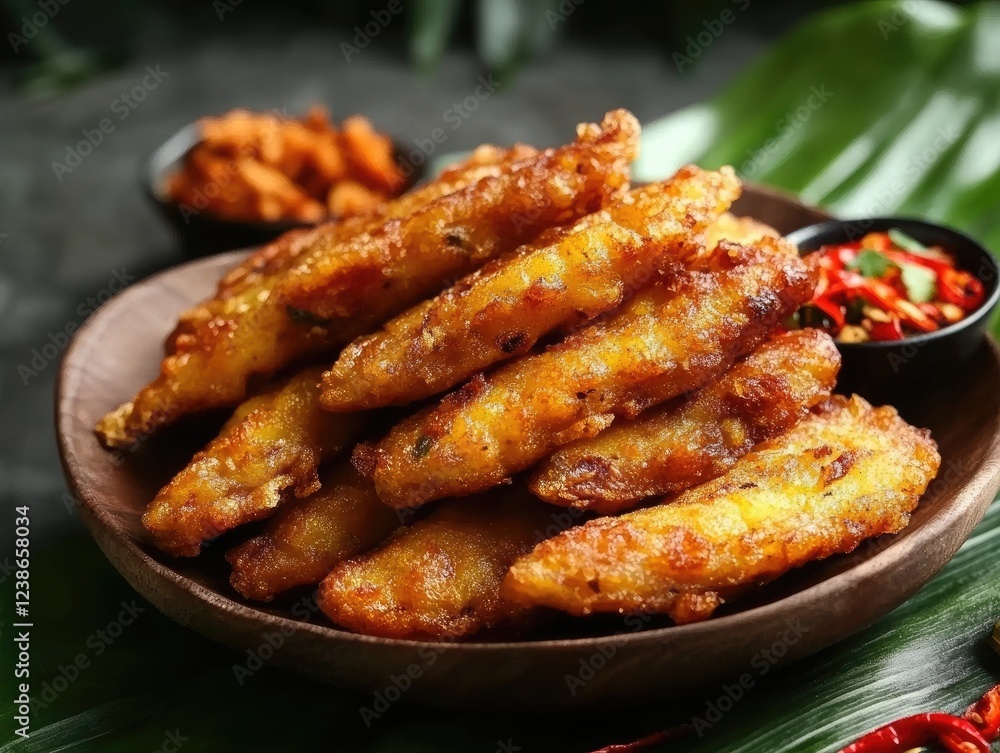 Crispy fried bananas with chili sauce and shrimp paste for an appetizer Crispy fried bananas with chili sauce and shrimp paste for an appetizer