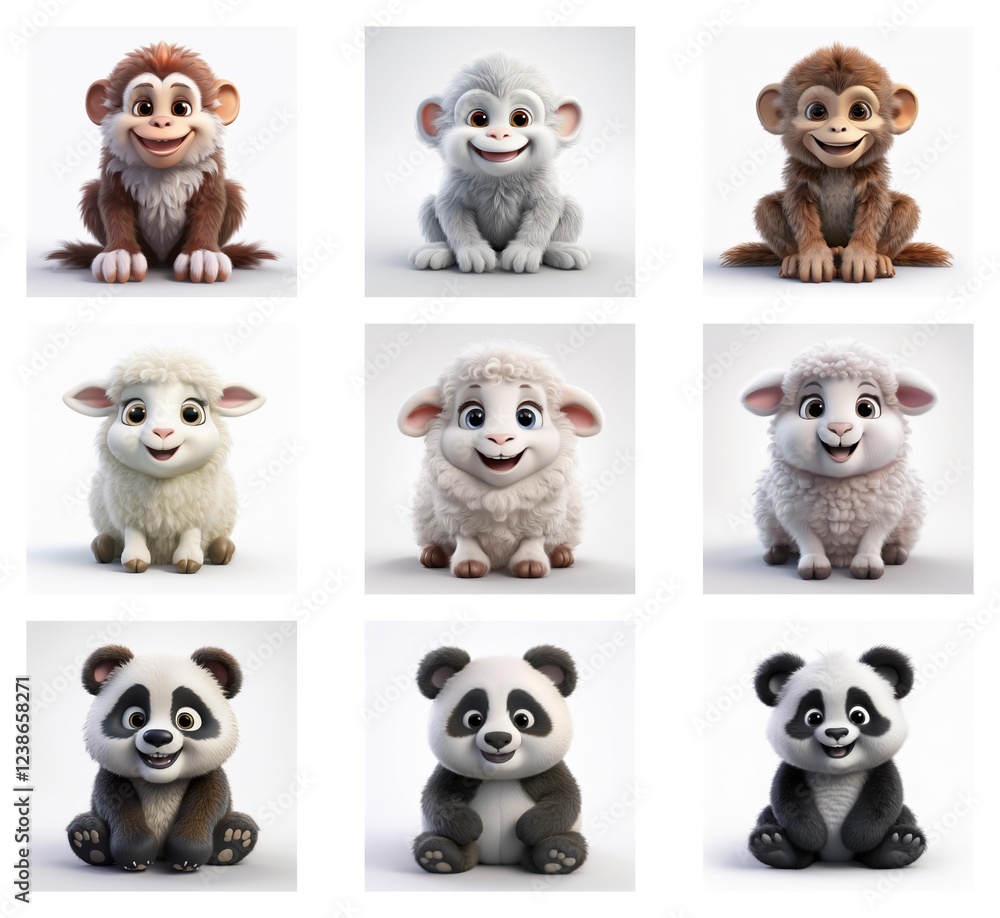 Obraz premium Nine adorable 3D rendered baby animals: monkeys and lambs in various shades, and pandas. Each sits against a simple white background. They have cheerful expressions.